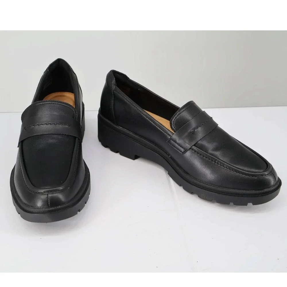 Clarks Calla Ease Black Leather Lug Sole Chunky Penny Loafers‎ 11 M NIB Slip On